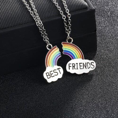 2 Pcs Trendy Stitching Necklace Best Friends Rainbow Pendant Stitching Necklace for Women Chain Choker Friendship Jewelry