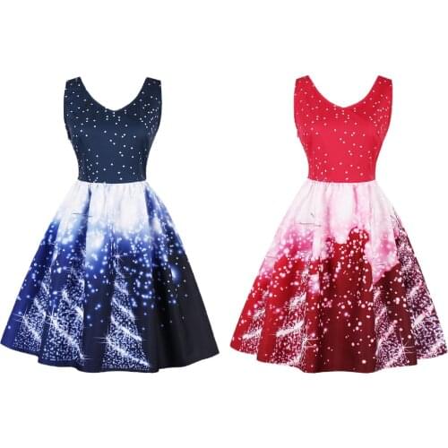 Womens Christmas Print Party Polka Dots Snowflake V-neck Swing Dress Costume