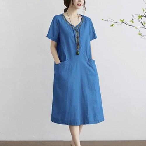 Thin Denim Dress 2021 New Arrival Pockets Cotton Loose Summer Dress Embroidery Floral Vintage Dress Women Travel Casual Dress