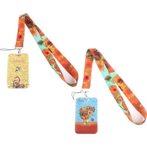 1pc ZF2211 Painter Van Gogh Sunflower Fashion Lanyards ID Badge Holder Bus Pass Case Cover Slip Bank Credit Card Holder