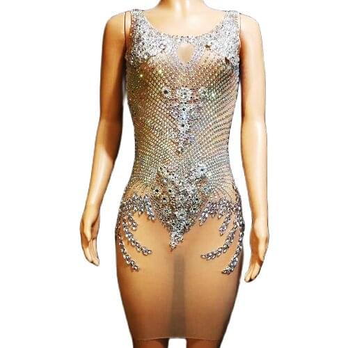 Sleeveless Shining Diamonds Mesh Nude Perspective Women Dresses Tight Stretch Backless Mini Dresses Evening Prom Outfit Nightclu