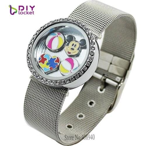 Diylocket 5PCS 30mm Round magnetic glass floating locket bracelet stainless steel wristband without Charms LSLB08*5