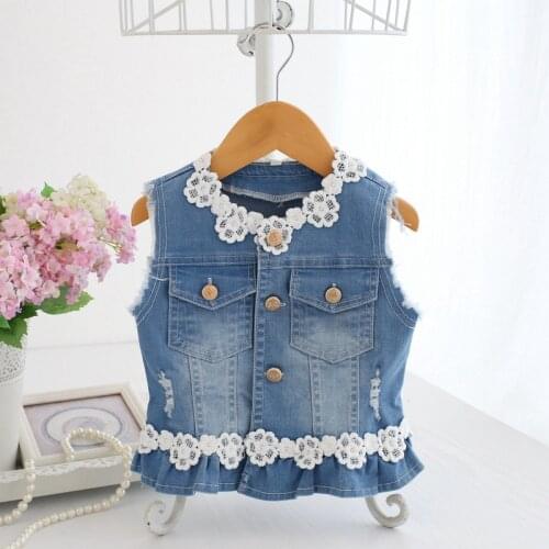 Baby Vests Girls Jeans Denim Lace Waistcoats Outerwear Children Spring Clothes Kids Jackets 0-2Y