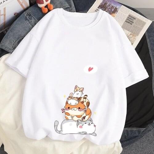 Women Casual Tshirt Harajuku y2k White Anime Love Cat Printed Streetwear Tops Tee Short Sleeve Oversized T Shirt Hip Hop Clothes