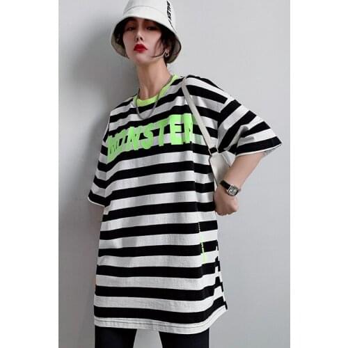 New female Stripe printing t shirt short sleeve summer loose mid-length clothes Harajuku woman t shirt summer plus size 2021