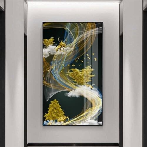 Canvas Abstract Golden Line Deer and Tree In Cloud Painting Tableaux Large Poster Print Gold Wall Art Picture Living Room