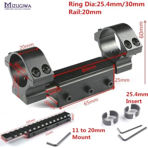 Tactical Scope Mount 1" 25.4mm / 30mm Dual Rings w/Stop Pin 20mm Dovetail Picatiiny Rail Weaver +11mm to 20mm Adapter Rifle