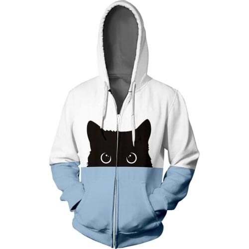 Curious Black Cat Zipper Hoodie Splice Color Print Woman 3D Hooded Hip Hop Pussy Zipper kids Sweatshirt Student wild Coat Jacket