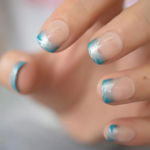 Natural Nude Blue Silver French Nail Tips False Fake Nails UV Gel Press on Summer Short Easy Wear for Home Office Wear