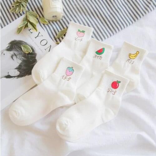 5pairs/lots Women Casual White Socks Cotton Fruit Printed Funny Socks Female Sweet Preppy Style Kawaii Meias Feminina Autumn New