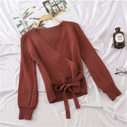 2020 New V Neck Sweater Pullover Women Long Sleeve Lace Up Autumn Winter Knitted Top Sexy Jumper Top Pull Femme tops PZ2283