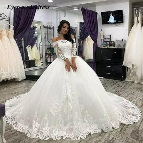 New Summer Lace Appliques Wedding Dresses Off Shoulder Long Sleeves Lace Up Back Vestido De Noiva Princess Bride Ball Gown Dress