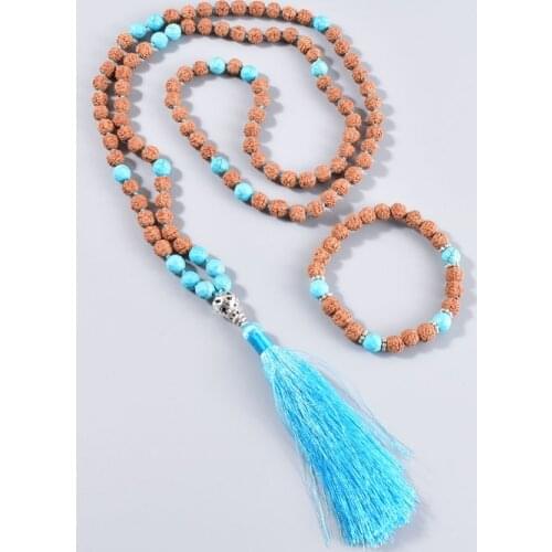 Wholesale Japamala Necklace 108 Mala Beads Handmade Knotted Tassel Necklace Turqouise Yoga Meditationl Vintage Boho Jewelry