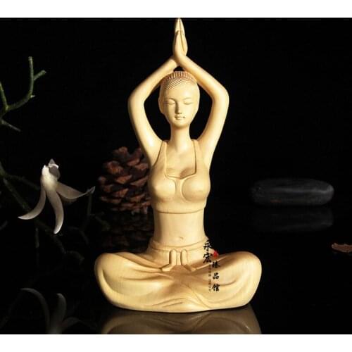 Wood carving handicrafts practicing yoga girl character beauty statue, desktop Decoration home decorations ornaments