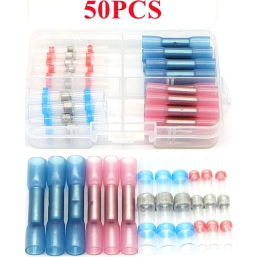 50PCS Electrical Solder Seal Wire Connectors Heat Shrink Butt Crimp Terminals Waterproof Insulated Soldering Sleeve Terminal