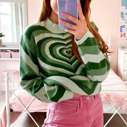 Heart Striped Turtleneck Sweaters Y2K Sweater Women Sweet Pullovers Long Sleeve Hot Green Sweater 90s Knitwear All-Match