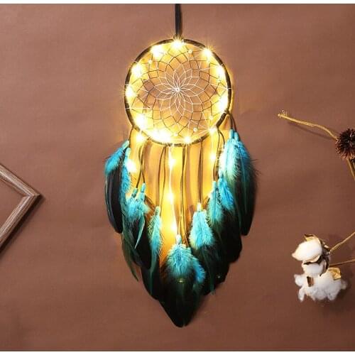 Dark Blue Wall Dreamcatcher Led Feather Dream Catcher Braided Wind Chimes Art For Room Decoration Hanging Home Decor Poster