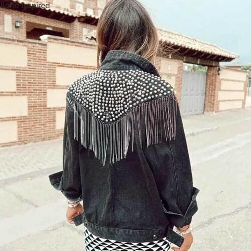 Studded Fringe Trim Denim Jacket for Women Vintage Black Denim Jacket Women Long Sleeve Outerwear Jacket Women