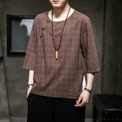 Plus Size M-5XL Blue Brown Lattice Cotton Linen Han Fu Summer Traditional Chinese Clothing Style Orient Tang Hanfu for Men Tops