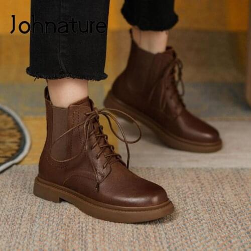 Johnature Genuine Leather Shoes Women Boots Lace-up Round Toe 2021 New Autumn British Style Flat With Sewing Platform Boots