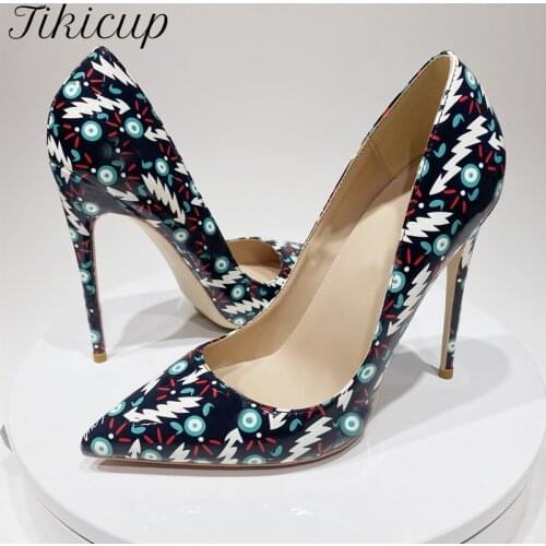 Tikicup Fashion Designer Women Graphic Print Patent Pointy Toe High Heel Shoes Ladies Slip On Stiletto Pumps 8cm 10cm 12cm Black