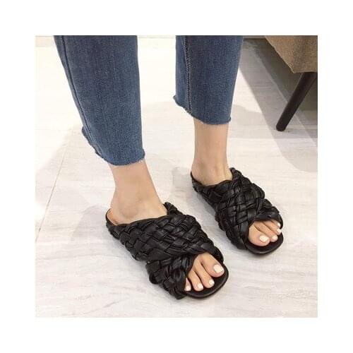 Mr Co Summer Women Slipper Brand Weave Ladies Sandal Shoes Low Open Toe Flat Casual Slides Beach Flip Flops Big Size