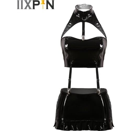 Women Sexy Costume Set Wet Look Patent Leather Lingerie Set Sexy Sleeveless Crop Top With Mini Bodycon Skirt Dance Club Wear