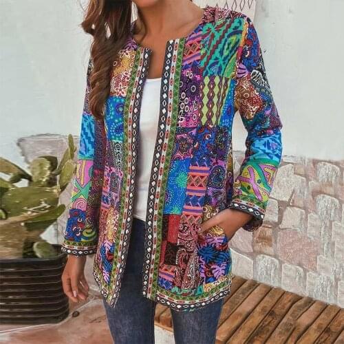 Womens Fashion Leisure Retro Cotton Linen Bohemian Style Patchwork Geometric Printing Loose Long Sleeve Coat Cardigan Jackets