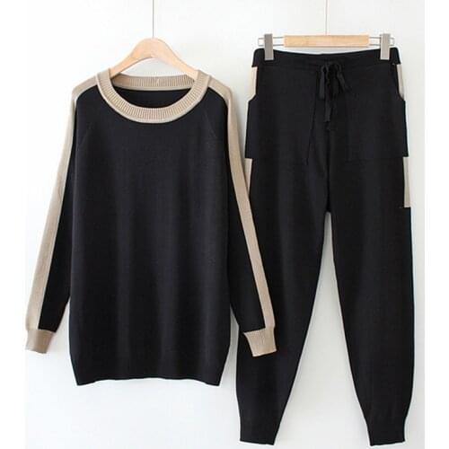 Plus size womens knitted suit autumn loose color match long sleeve sweater and knit pants 2 piece set black XL XXL 3XL 4XL