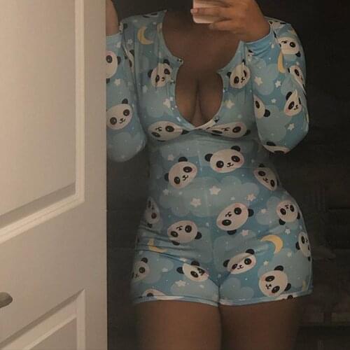 Sweet Women Bodycon Bodysuit 2020 Fashion Sexy Sleepwear Printed Long Sleeve V Neck Button Jumpsuit Romper Shorts Pants Overalls