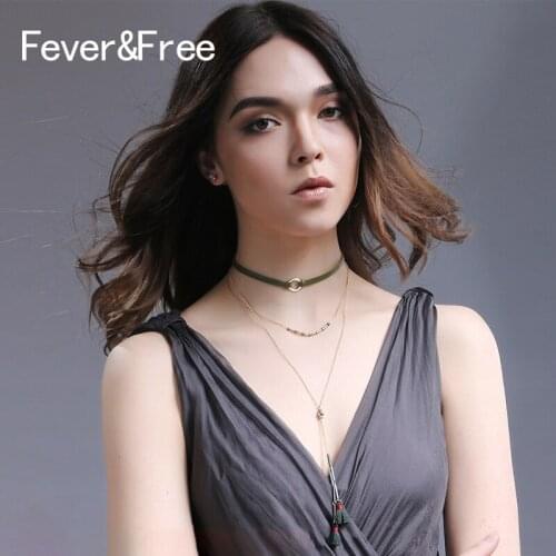 Fever&Free Boho Jewelry Fashion Sexy Green Collier Femme Vintage Long Chain Layered Leather Necklace & Pendants Chocker Necklace