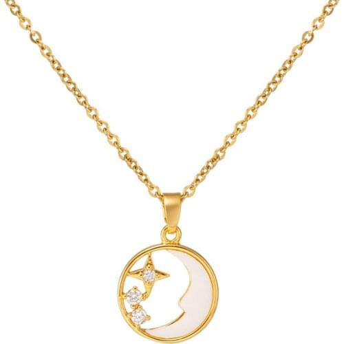 2021 New Zircon Shell Inlaid Sweet Star Moon Pendant Women Necklace No Fade Gold Color Stainless Steel Lady Jewelry