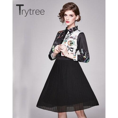 Trytree 2020 Spring Autumn Dress Women Casual Turn-down Collar Print Patchwork Pleated A-line Fashion Elegant Knee-Length Dress
