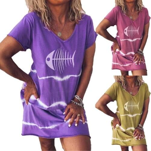 Dresses for women 2021 Summer Casual V Neck Short Sleeve Fish Bone Print Beach Loose Mini Dress robe femme