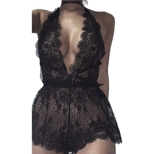 Women Black Thin Section Lace Lingerie Babysuit Sexy Teddies Underwear Perspective Deep V-neck Halter Sleepwear X3