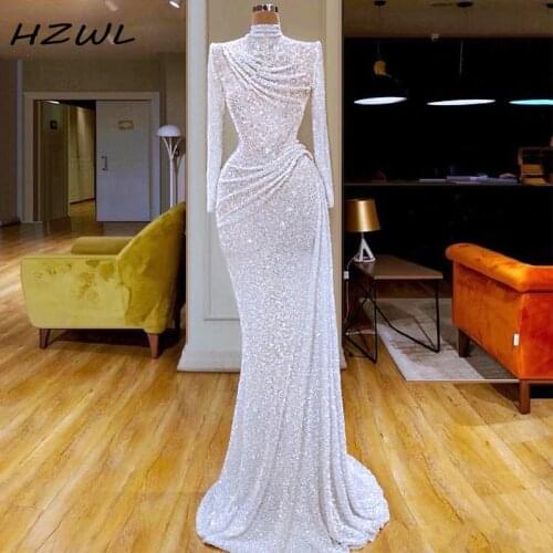 White Glitter Sequined Mermaid Evening Dresses High Neck Ruched vestidos de fiesta Custom Made Long Sleeve Prom Dress Formal