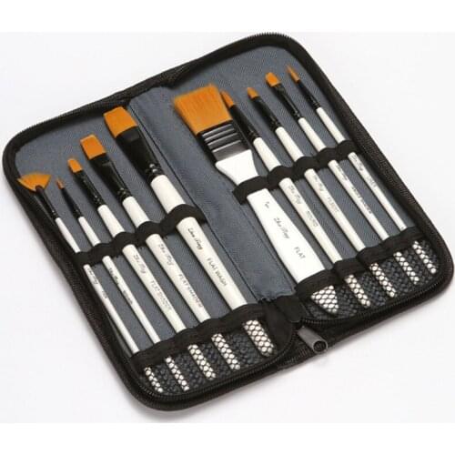 10pcs White Artist Painting Brushes Set with Canvas Bag Yellow Nylon Hair for Acrylic Oil Watercolor Artist Drawing Art Supplies