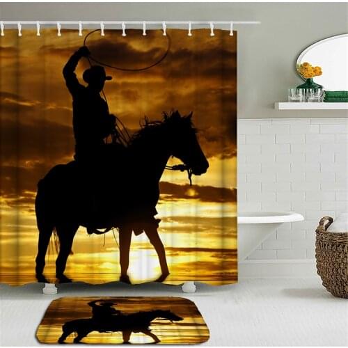 2Pcs/Set Retro Classic Horse Cowboy Printed Shower Curtain Set Non-slip Bath Mat Waterproof Fabric Bathroom Curtains Decoration
