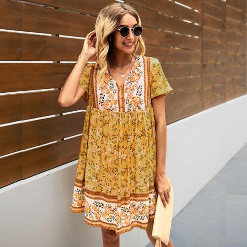 2021 summer Flowers Dress Bohemian Buttons LOOSE V-Neck Comfortable Fashion Regular Party Party Beach Dress