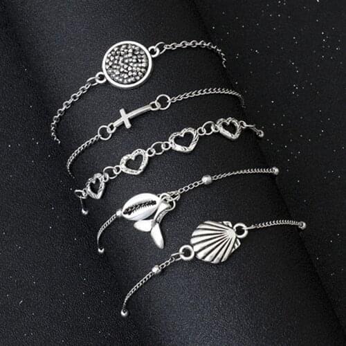 5 Pcs/set Cross Shell Charm Bracelets Set Heart Chain Bracelets For Women Retro Fishtail Bracelet Ladies Boho Jewelry Pulseira