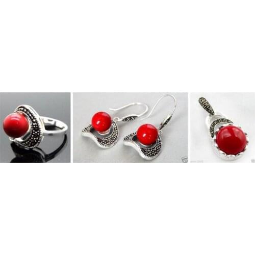 Free Shipping Ladys designed Red Carved Lacquer Marcasite 925 Sterling Silver Ring(#7-10) Earrings & Pandent jewelry sets
