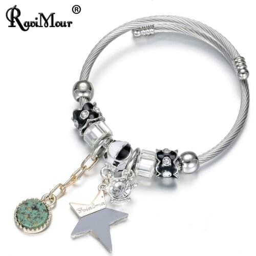 RAVIMOUR Cuff Bangle Stainless Steel Women Bracelets Fashion Jewelry Star Round Charm Bracelet Wire Chain Luxury Bileklik