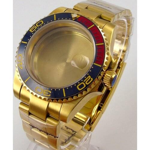 Full 40mm Yellow Gold Plated SUB Watch Case fit NH35A NH36A Bracelet Band Unidirectional Ceramic Bezel