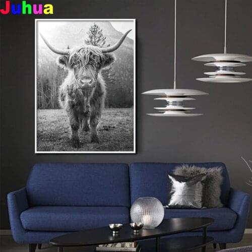 Black White Highland Cow diamond rhinestone painting full square round animal Cattle diamond embroidery stitch mosaic decor