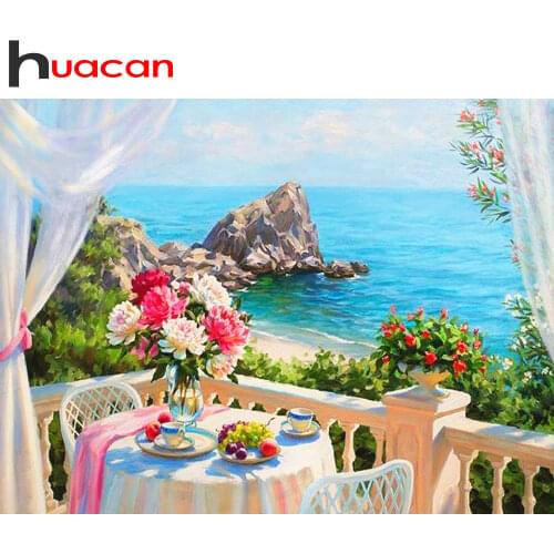 Huacan Full Drill Square&Round Diamond Painting Seaside Landscape DIY Diamond Embroidery Flower Decoration Home