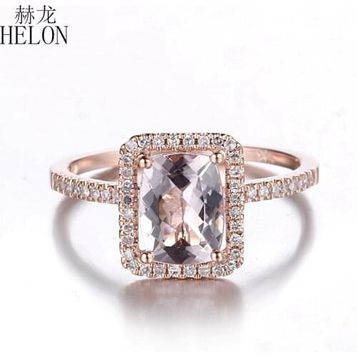 HELON Solid 18K AU750 Rose Gold Flawless Cushion 8x6mm Natural Morganite Diamonds Jewelry Gemstone Ring Women Birthday Best Gift