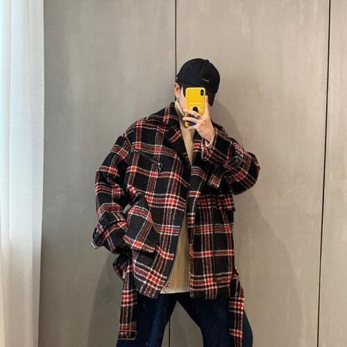 Casual Coat Male Women Vintage Streetwear Fashion Hip Hop Thick Shirt Outerwear Men Weave Loose Black Red Tassel Plaid