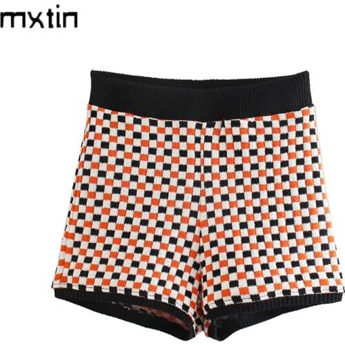 MXTIN 2021 Women Spring Fashion Plaid Knitted Shorts Vintage Autumn Elasticity Female Streetwear Short Pants Pantalones Cortos