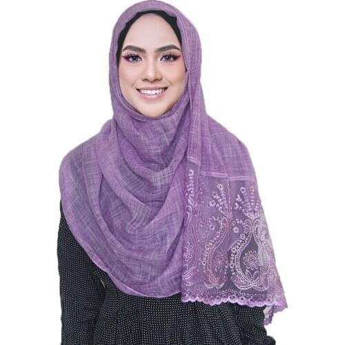 Soft cotton lace edges scarf embroidery Lace hijab scarf shawl hijab woman plain maxi shawl wrap for women