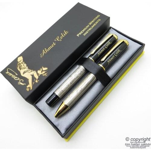 Wings Ataturk Embossed Pen Set-a side Of The Pen signature, the other side of the picture | İsme Special Pen | Roller + Ball Stay